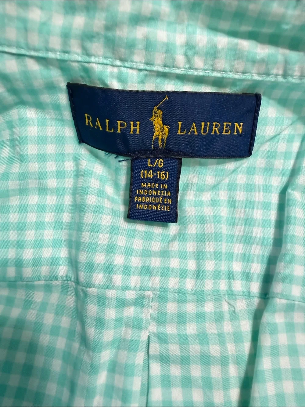 Polo Ralph Lauren Boys L 14-16 Aqua Gingham Button Down Shirt Long Sleeve